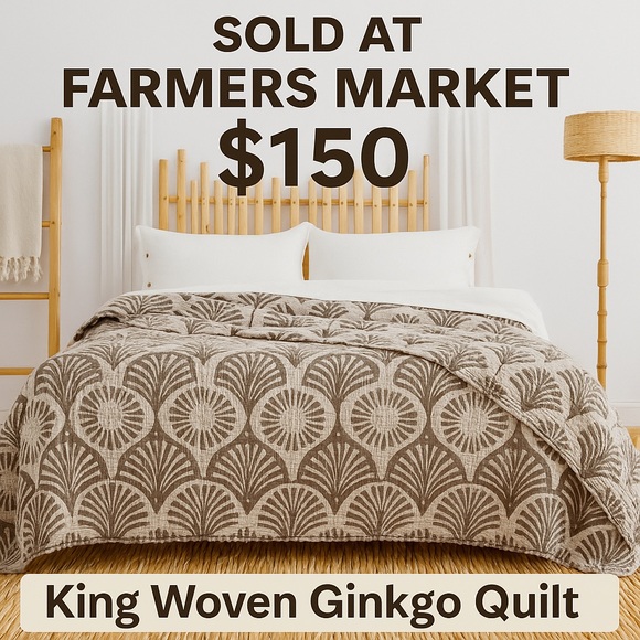 SOLDOUT ! Ginkgo Deco Leaf Quilt Bedspread Comforter 2 Side FLiPSiDE Tan + Cream - Picture 1 of 10